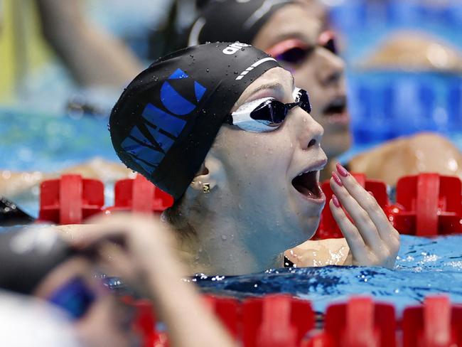 INDIANAPOLIS, INDIANA - JUNE 15: Gretchen Walsh of the United States reacts after breaking the world record in the Women's 100m butterfly semifinal on Day One of the 2024 U.S. Olympic Team Swimming Trials at Lucas Oil Stadium on June 15, 2024 in Indianapolis, Indiana.   Sarah Stier/Getty Images/AFP (Photo by Sarah Stier / GETTY IMAGES NORTH AMERICA / Getty Images via AFP)