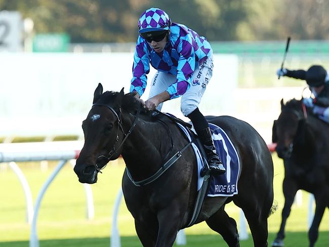 SYDNEY, AUSTRALIA - APRIL 13: Declan Bates riding Pride of Jenni wins Race 8 Queen Elizabeth Stakes during Sydney Racing: The Championships at Royal Randwick Racecourse on April 13, 2024 in Sydney, Australia. (Photo by Jeremy Ng/Getty Images)