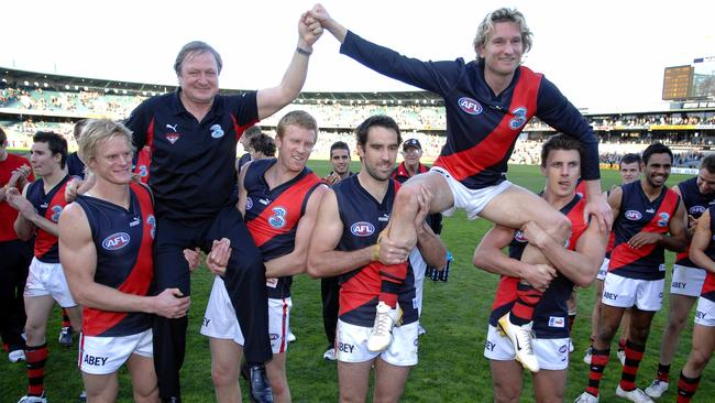 Kevin Sheedy and James Hird chaired off in their last game in 2007. Picture: News Limited