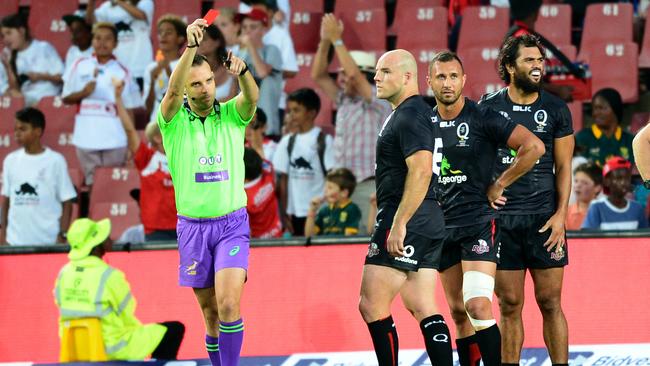 Referee Mike Fraser gives Quade Cooper a red card. Picture: Getty Images