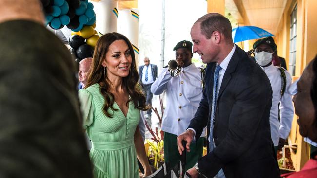 Prince Williams and Catherine the Duchess of Cambridge at a special combined school assembly at Sybil Strachan Primary School the Bahamas. Picture: AFP.