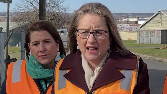 Wendouree MP Juliana Addison, Premier Jacinta Allan, and Ripon MP Martha Haylett at the Ballarat Showgrounds on Friday.