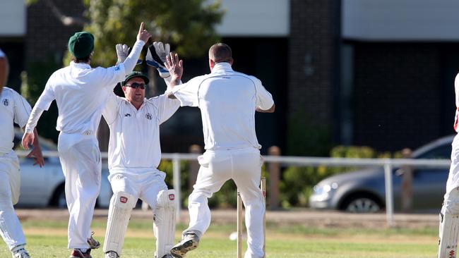 Key Craigieburn bowler Mick Bury celebrates a wicket. Picture: Mark Wilson