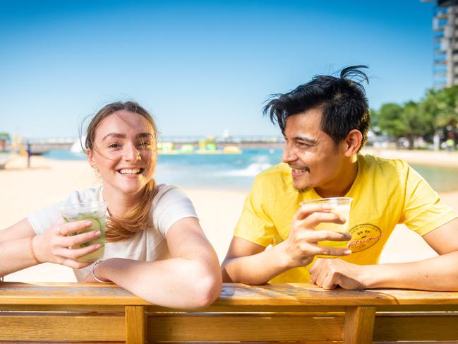 The Beach Club at Darwin's Waterfront is back just in time for a bumper dry season. Hot Tamale staff members Storm Chiverton and Amar Singh Thapa are looking forward to the increased vibrancy at the lagoon.Picture: Che Chorley