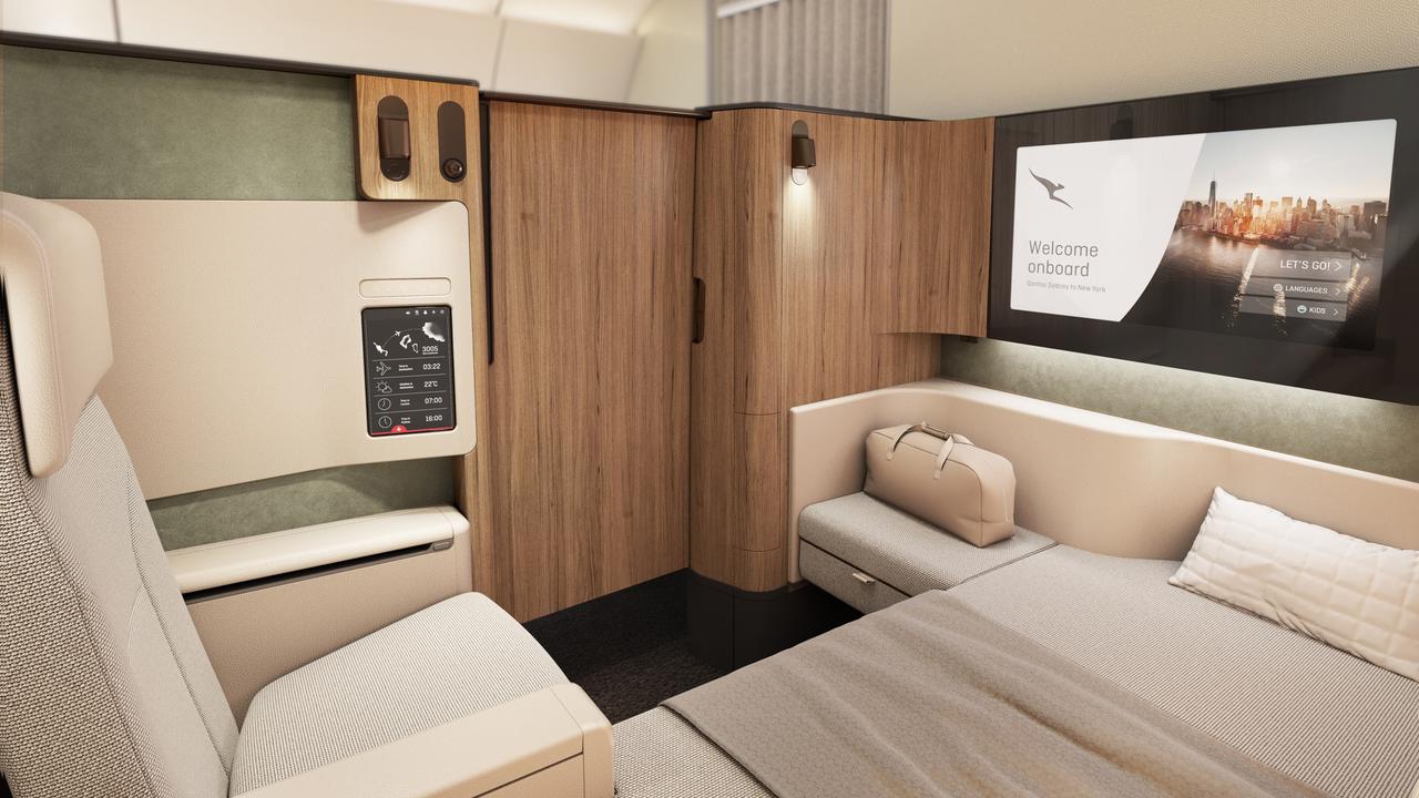 Renders of what Qantas calls the "best airline seats in the world" for business and first class passengers flying between Sydney and London.