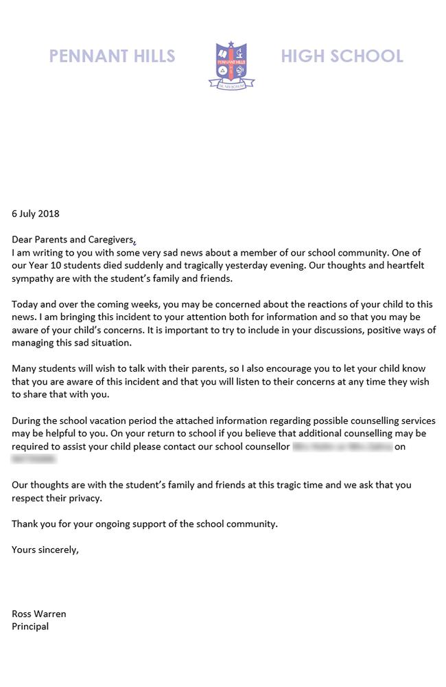 The letter from principal Ross Warren.