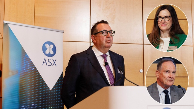 Outgoing ASX chair Damian Roche with, inset top, CEO Helen Lofthouse and, inset bottom, incoming chair David Clarke at the ASX annual meeting in Sydney. Picture: Picture: Max Mason-Hubers