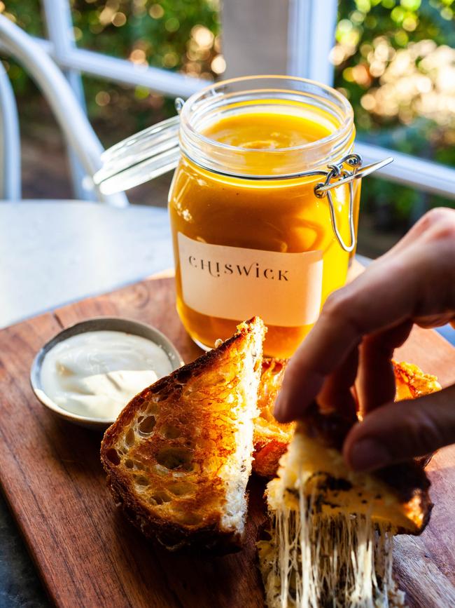 Chiswick’s pumpkin soup and truffle toastie. Picture: Supplied