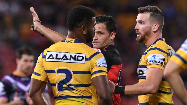 Clint Gutherson looks on as Maika Sivo is sent off for a high shot on Jahrome Hughes. Image: AAP Image/Dave Hunt