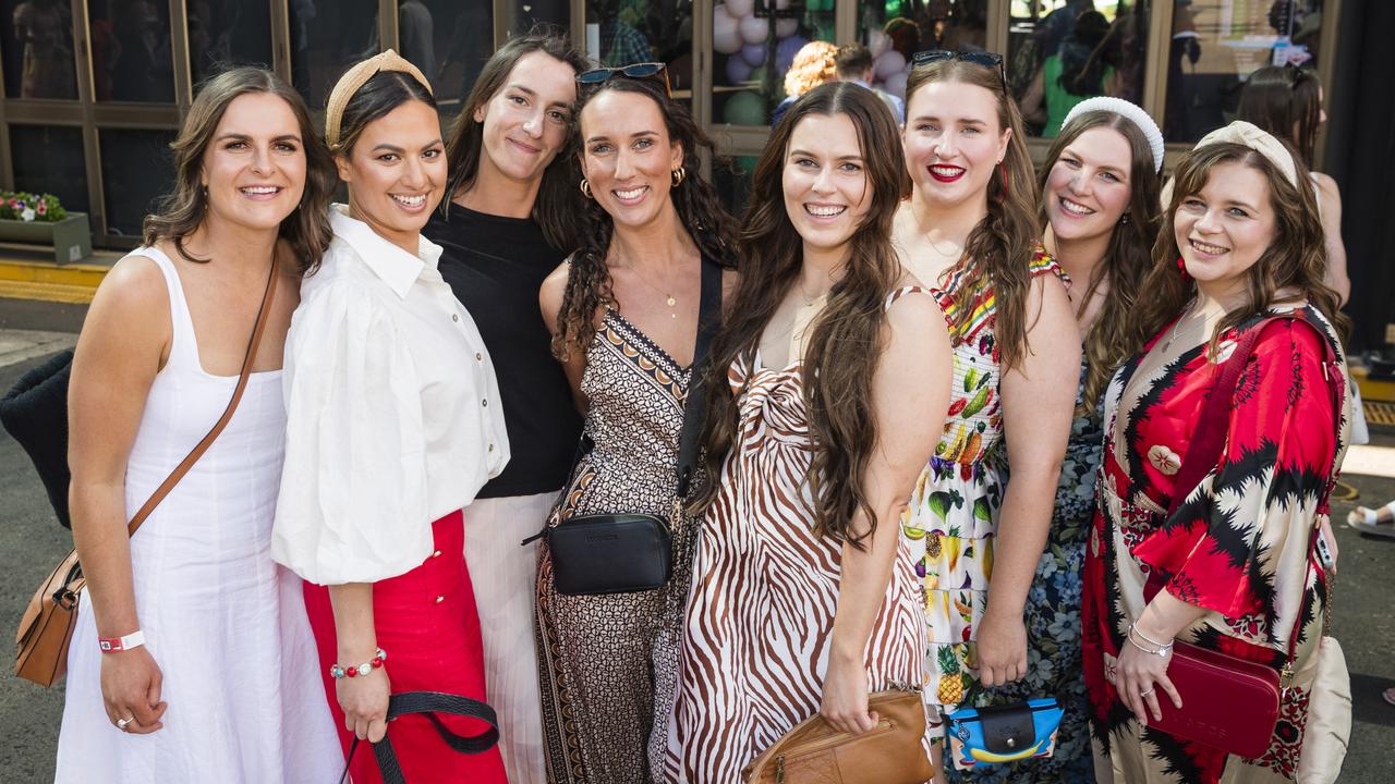 At 2023 Audi Centre Toowoomba Weetwood race day are (from left) Jane Dunn, Renee Green, Marzanne Steyn, Eva Kharouni, Hannah Crone, Emma Longworth, Brittany Onions and Janine Teitge. Picture: Kevin Farmer