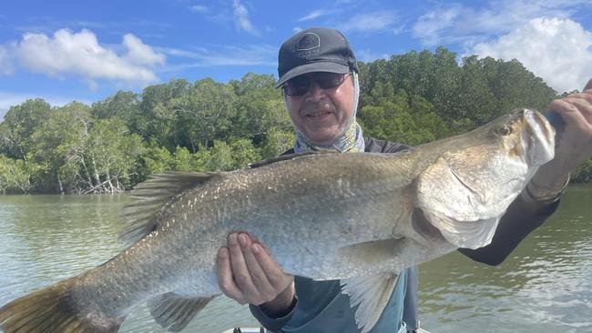 14/02/2024 – Feature Photo: David visiting Cairns from Spain was delighted to catch his first barramundi in the Cairns Inlet fishing with All Tackle Sport Fishing. Picture: Justin Gibbins