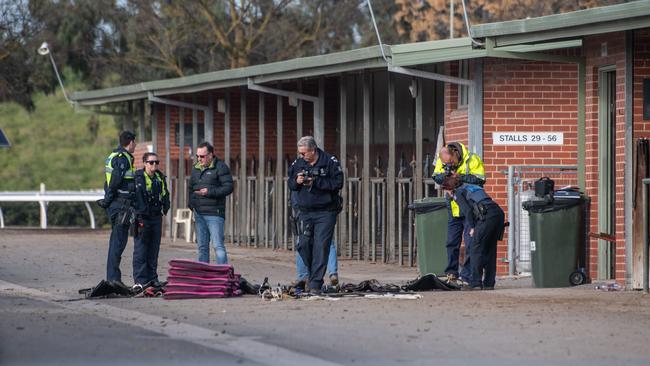 Authorities at Cranbourne racecourse today. Picture: Jason Edwards