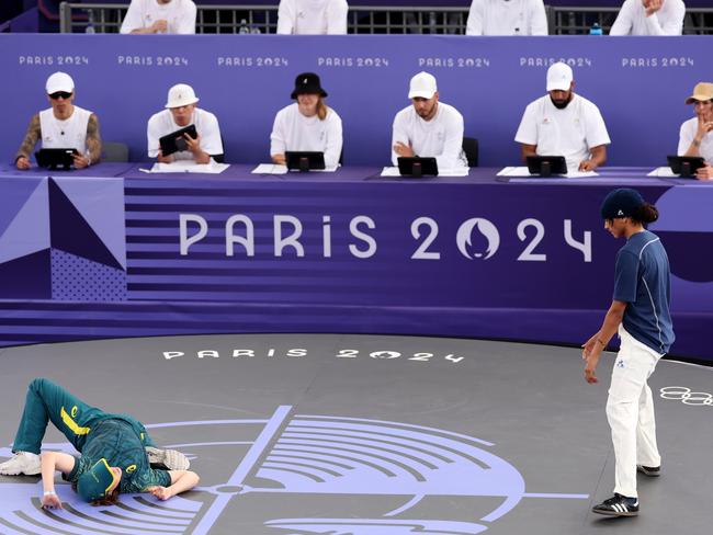 Raygun of Team Australia hits the floor – literally – in the Olympic breaking competition. Picture: Getty Images