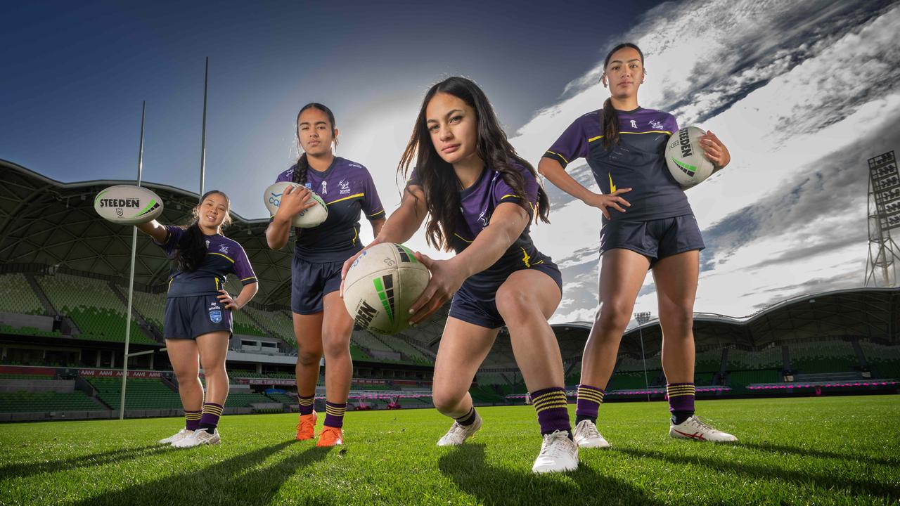 Daliz Feo, Sierra Te’o, Nikita-Jaye Faoa and Akeelah Coffin are in the mix for Melbourne Storm’s new female development squad. Picture: Tony Gough