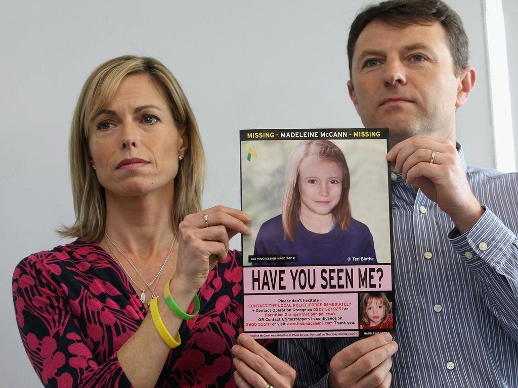 Kate and Gerry McCann hold an age-progressed police image of their daughter during a news conference to mark the 5th anniversary of the disappearance of Madeleine McCann, on May 2, 2012 in London, England. Picture: Getty