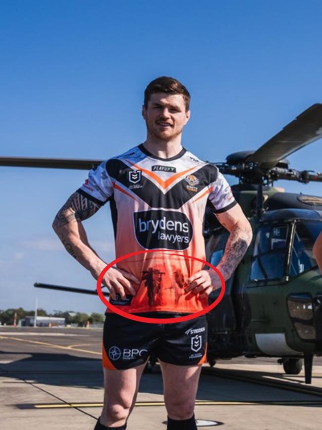 The Wests Tigers had their own jersey blunder in 2023, featuring soldiers who were not Australian on their Anzac jersey. Picture: Wests Tigers.