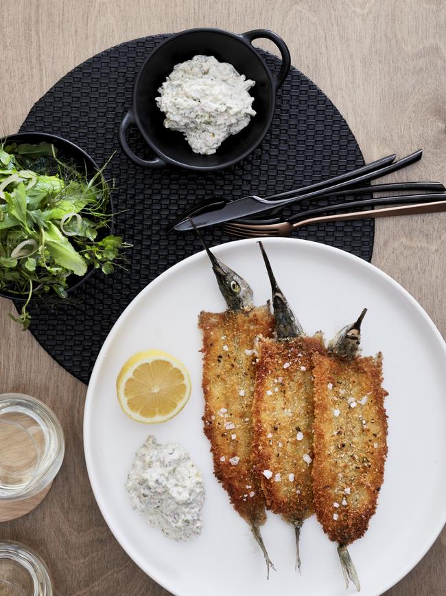 Saint Peter’s crumbed garfish, yoghurt tartare and herb salad dish.