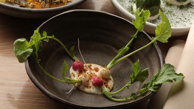 Raw radish, Japanese turnips and fennel butter from Yellow Restaurant in Potts Point. Could you go veggie for me? Picture: John Fotiadis.