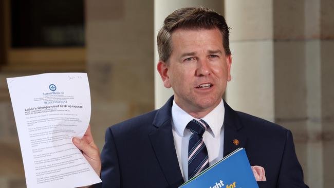 Leader of the Opposition David Crisafulli and Deputy Leader of the Opposition Jarrod Bleijie during a news conference at Parliament House, Brisbane. Picture: Liam Kidston