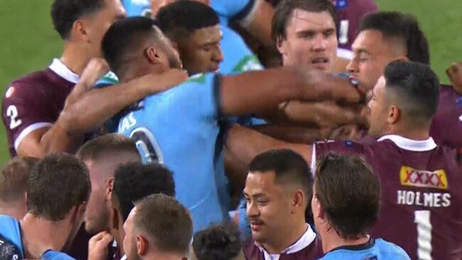 Payne Haas and Tino Fa’asuamaleau ounch on during Origin II.