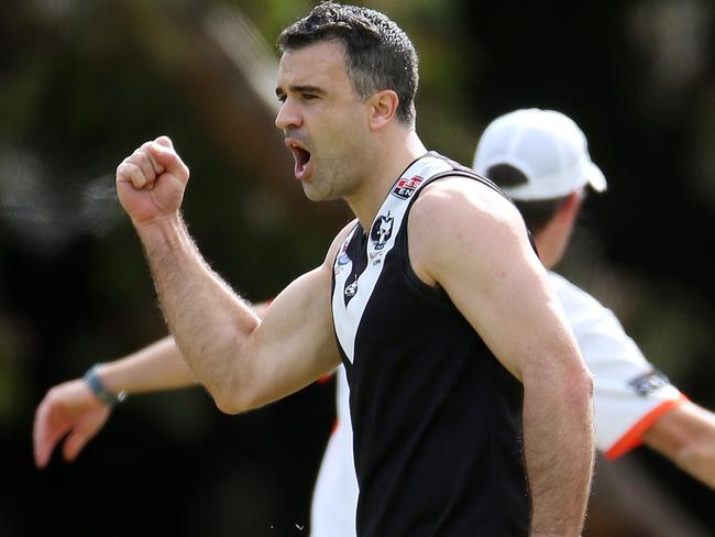 16/04/16 Peter Malinauskas celebrates kicking a goal playing amateur football in the city. photo Calum Robertson