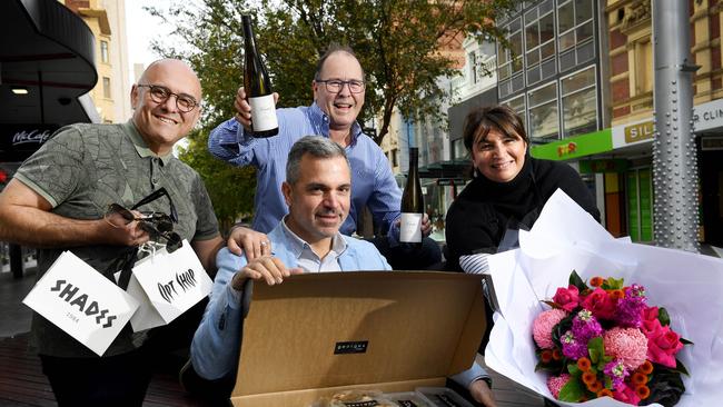 Opt Shop Optometry &amp; Shades owner Dennis Karis, Georges on Waymouth owner George Kasimatis, East End Cellars owner Michael Andrewartha and Connie Rhigas, owner of Adelaide Flower House. Picture: Tricia Watkinson