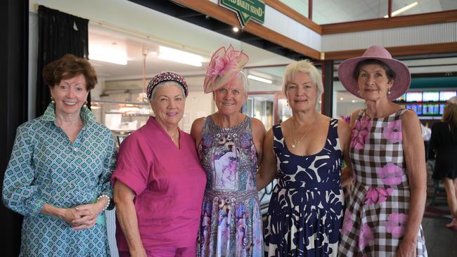 Fernwood friends Babs Willis, Vivian Eugster, Sonia Davis, Marion Evi and Zoe Marchem ready for a big day at Darwin Turf Club. Picture: (A)manda Parkinson