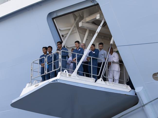 The crew of the Ovation of the Seas watch on during the Karakia Whakatau Mauri blessing. Picture: Brett Phibbs