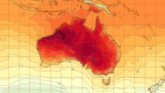 The Bureau of Meteorology’s heatwave map shows much of the country is set to fry.