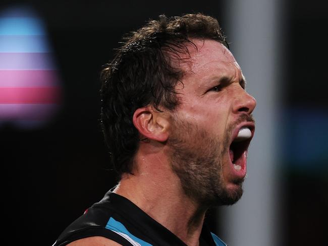 ADELAIDE, AUSTRALIA - MAY 02: Travis Boak of the Power celebrates a goal during the 2024 AFL Round 08 match between the Adelaide Crows and the Port Adelaide Power at Adelaide Oval on May 02, 2024 in Adelaide, Australia. (Photo by James Elsby/AFL Photos via Getty Images)