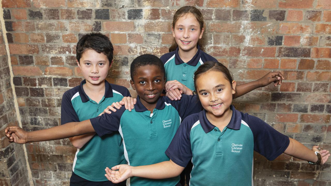 Glenvale Christian School students (from left) Tim Sharp, Rhema Chinweuba, Imogen Kaczmarek and Charlotte Lloyd on day three of Sing Out 2024 at The Empire, Thursday, June 6, 2024. Picture: Kevin Farmer