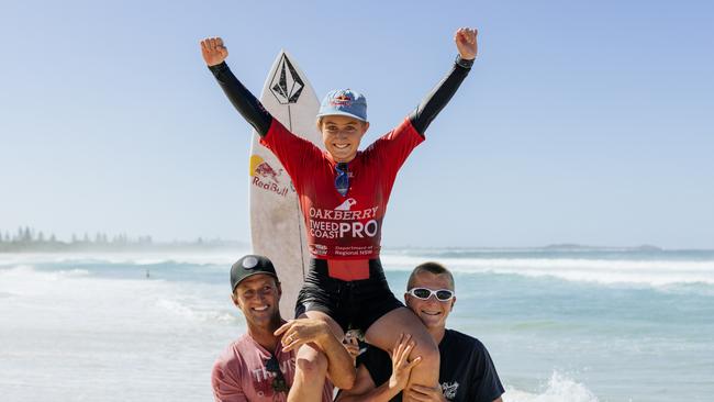 Sierra Kerr of Australia after winning the Oakberry Tweed Coast Pro Junior on February 11, 2023 at Kingscliff, NSW, Australia. (Photo by Cait Miers/World Surf League)