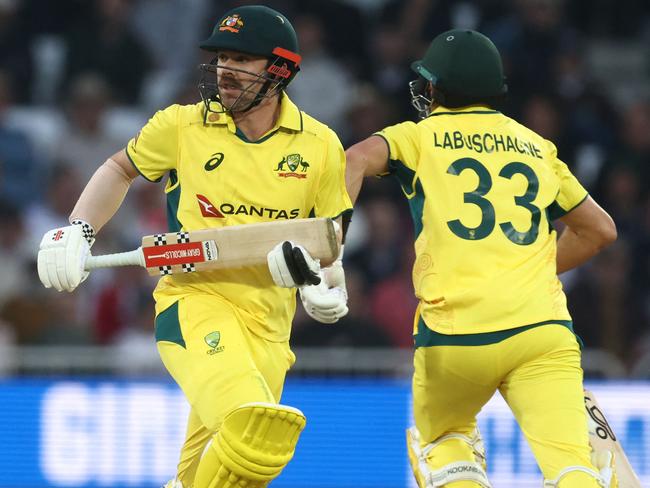 Australia's Travis Head (L) and Australia's Marnus Labuschagne (R) take a run during the 1st One Day International cricket match between England and Australia at Trent Bridge in Nottingham, central England  on September 19, 2024. (Photo by Darren Staples / AFP) / RESTRICTED TO EDITORIAL USE. NO ASSOCIATION WITH DIRECT COMPETITOR OF SPONSOR, PARTNER, OR SUPPLIER OF THE ECB