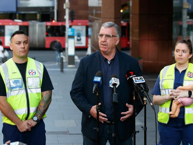 HSU NSW Secretary and Emma Partington talk to media during the paramedics strike in February 2023. Picture: NCA NewsWire