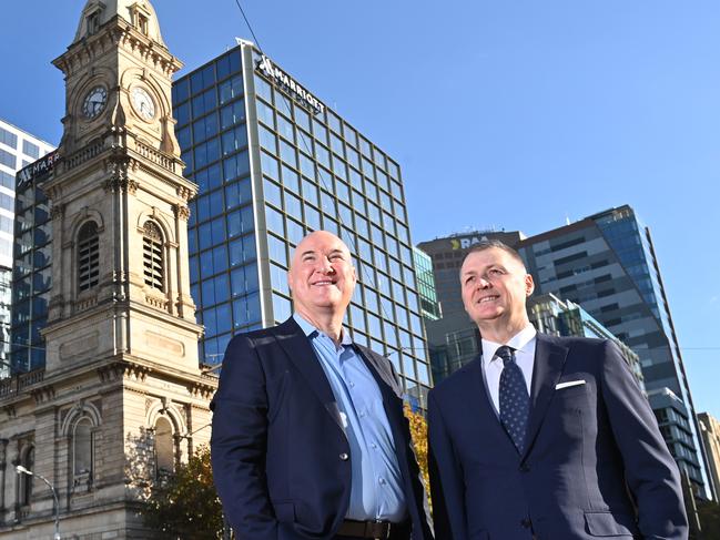 3/5/24. The Adelaide Marriott Hotel in the historic GPO building ahead of its opening in August. The 16-story luxury $200m development is the first hotel by Marriott International in Adelaide - Area Vice President for (ANZPI - Australia, New Zealand & Pacific Islands) Marriott International Sean Hunt with GM Adelaide Marriott Paul Gallop. Picture: Keryn Stevens