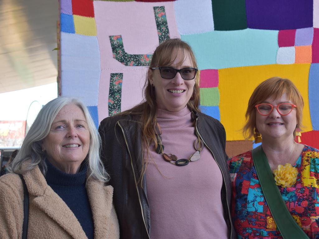 Debra Townsend, Kerrie Rubie, and Warwick artist Sue Hamlet at the Jumpers and Jazz artisan markets on July 17, 2021.