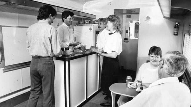 The bar carriage aboard the Bluebird express train in 1989.