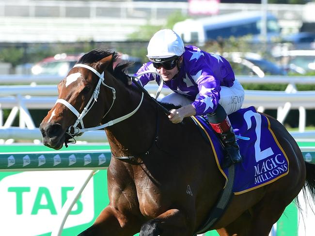 Star jockey James McDonald having a big day out at Eagle Farm, pictured here riding Kiku for Chris Waller to win the Magic Millions National Classic Picture Grant Peters/Trackside photography