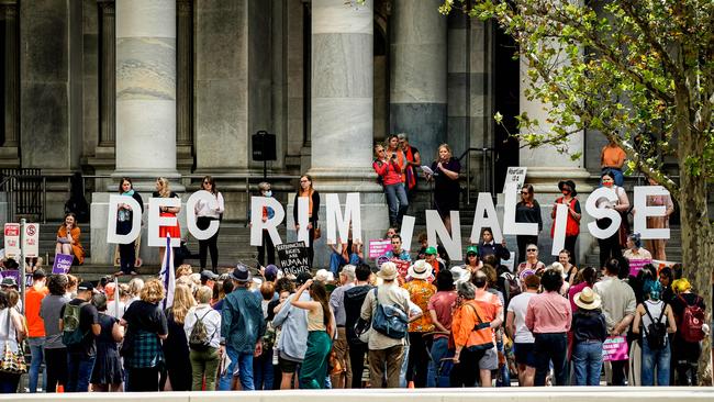 The “Stand Up for Safe Abortion Care” gathering at Parliament House on Saturday. Picture: Mike Burton