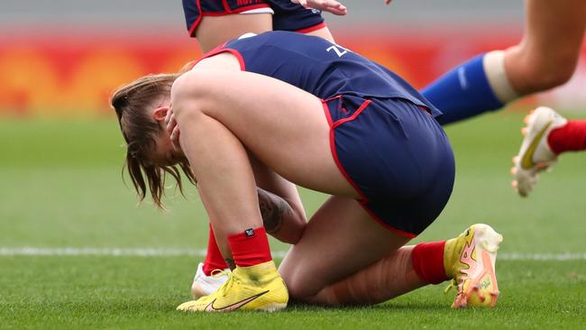 Tayla Harris will go into the grand final under an injury cloud after hurting her shoulder.