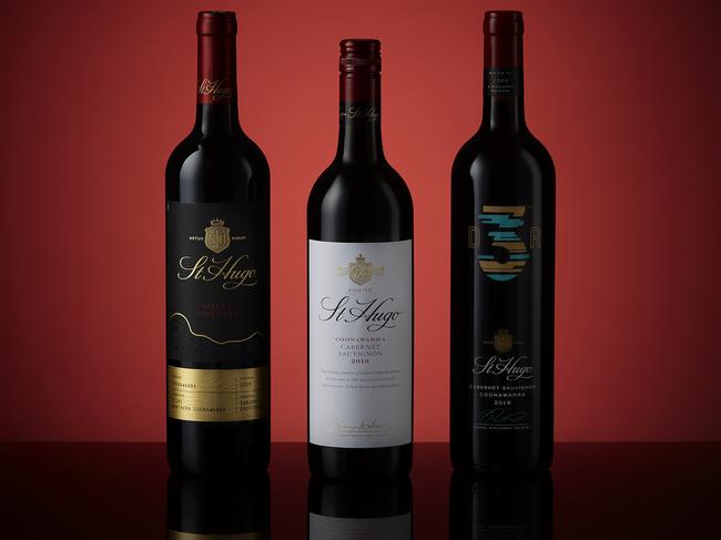 EMBARGO FOR WISH MAGAZINE 05 AUGUST, 2022. FEE MAY APPLY.  Wish Still Life. St Hugo Signature Collection 2018St Hugo DR3 Cabernet Sauvignon 2018St Hugo Flint 2018. WISH/Nick Cubbin