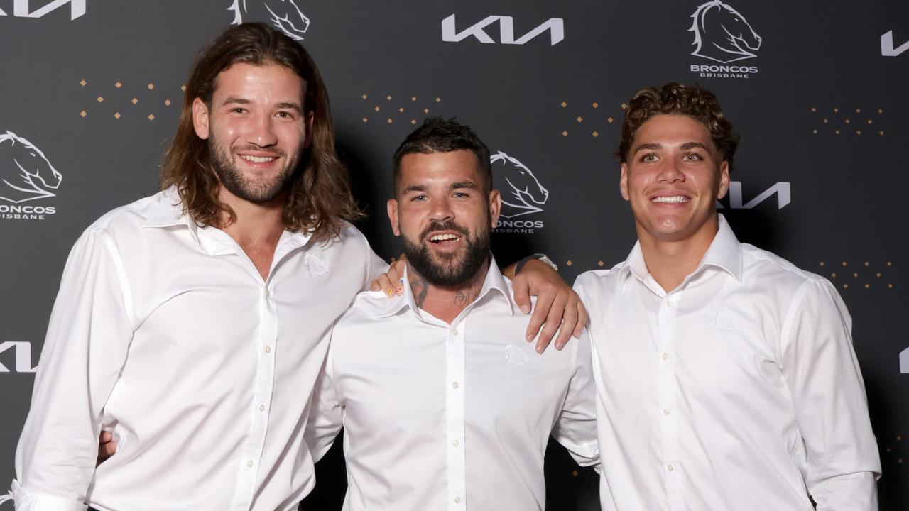 L to R, Patrick Carrigan, Adam Reynolds, Reece Walsh, attend the Brisbane Broncos Season launch, Pandanus Avenue, Pinkenba, on Thursday 15th February 2024 - Photo Steve Pohlner