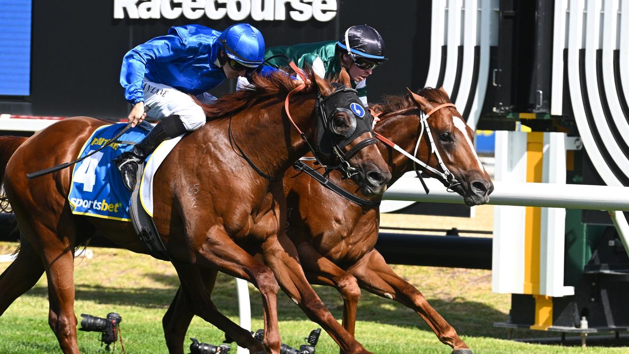 Devil Night (inside) takes out the Blue Diamond Stakes from Tentyris at Caulfield on Saturday. Picture: Vince Caligiuri/Getty Images