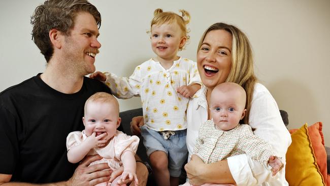 Jorgia and Anders Huxtable with their twins Tilly and Mabel and big sister Olive. The twins were diagnosed with enterovirus myocarditis and enterovirus meningitis. Picture: Sam Ruttyn