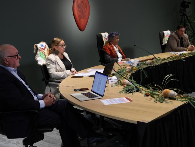 Commission members, Kevin Bell AM KC, Sue-Anne Hunter,  Professor Eleanor Bourke AM, Travis Lovett and Professor Maggie Walter. Picture: Brianna Young/Yoorrook Justice Commission.