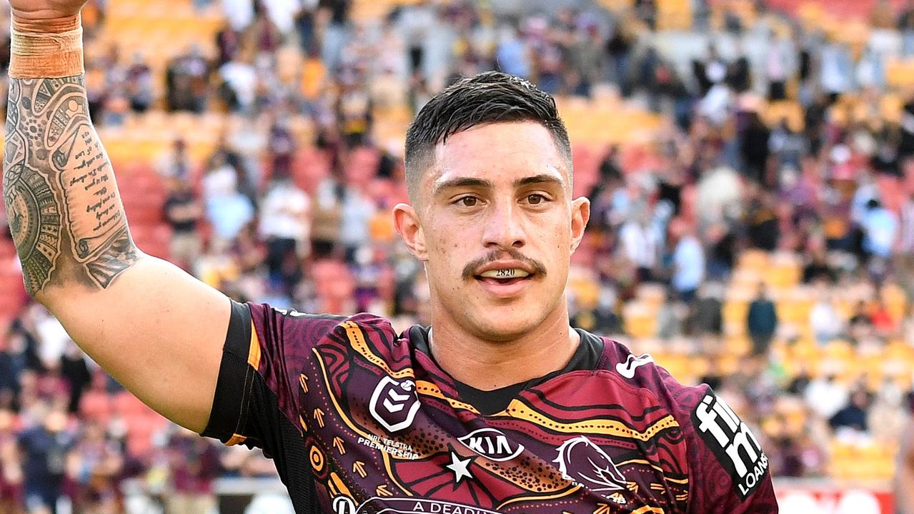 BRISBANE, AUSTRALIA - JULY 04: Kotoni Staggs of the Broncos celebrates victory after the round 16 NRL match between the Brisbane Broncos and the Cronulla Sharks at Suncorp Stadium, on July 04, 2021, in Brisbane, Australia. (Photo by Bradley Kanaris/Getty Images)