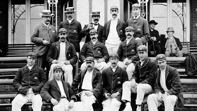 The Australia Cricket team during their tour of England in 1899. Back row (left-right): Major BJ Wardill (Manager), Alfred Edward Johns, James Joseph Kelly, Francis Adams Iredale, Frank Laver. Middle row: William Howell, Joe Darling, Ernest Jones. Front row: Jack Worrall, Clem Hill, Syd Gregory, Charles Edward McLeod, Victor Trumper, Monty Noble. Picture: Getty