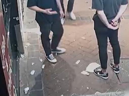 CCTV footage from moments before Cain Zilus Bird (right) punched another man in the face in a seemingly unprovoked attack at Burleigh Heads. Picture: Queensland Police Service