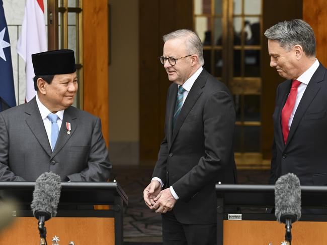 CANBERRA, Australia - NewsWire Photos - August 20, 2024: President-elect Prabowo Subianto, Prime Minister Anthony Albanese and Deputy Prime Minister and Minister for Defence, Richard Marles hold a press conference at Parliament House in Canberra. Picture: NewsWire / Martin Ollman