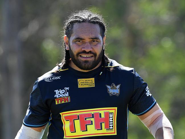 Konrad Hurrell looks on during the Gold Coast Titans training session on the Gold Coast, Tuesday, August 14, 2018. (AAP Image/Dave Hunt) NO ARCHIVING